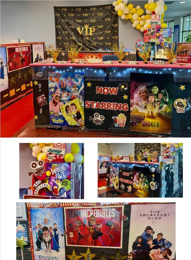 movie night theme with Spongebob and Wicked posters as well as the Incredibles, Inside Out and Frozen.